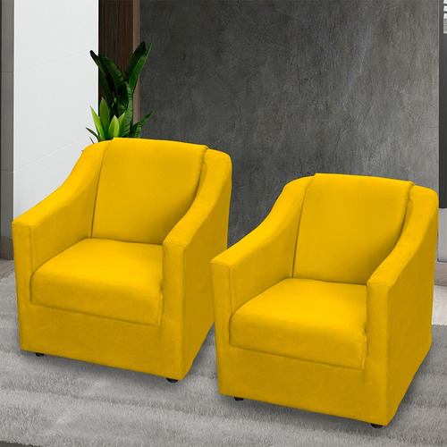 Kit 2 Poltronas Decorativas Consultório Recepção Sala Cores Cor Amarelo Desenho Do Tecido Suede