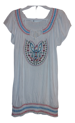 Remera Top Mujer Large Blanca Bordada M.corta Lazo Algodon