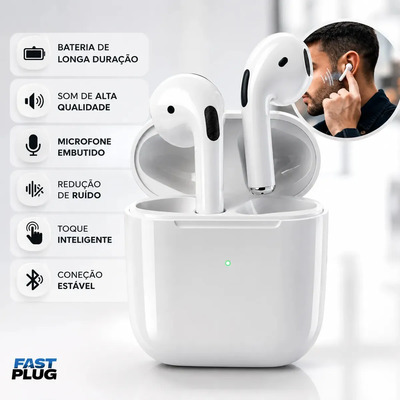 Fone De Ouvido Bluetooth Sem Fio Bateria de Longa Duração Pro 4 Branco Conecta Rápido Fast Plug Com Case Carregador E Microfone