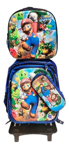 Mochilas Con Ruedas + Lonchera + Estuche Diseño Mario Bros