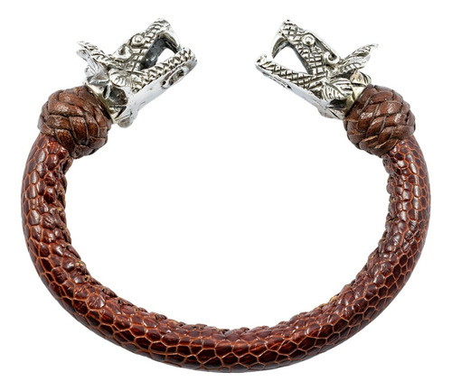 Brazalete De Piel Fina Con Quetzalcoatl De Plata 925