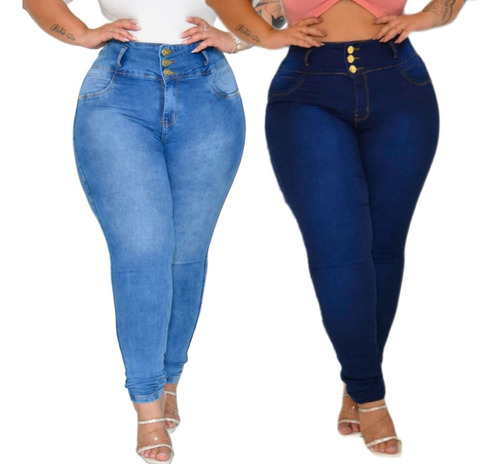Kit C\2 Peças Calça Jeans Plus Size Modeladora Cintura Alta