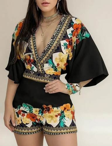 Mono De Verano Con Escote En V Profundo Y Estampado