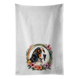 Basset Hound And Flowers Kitchen Towel Set Of 2 White Dish T