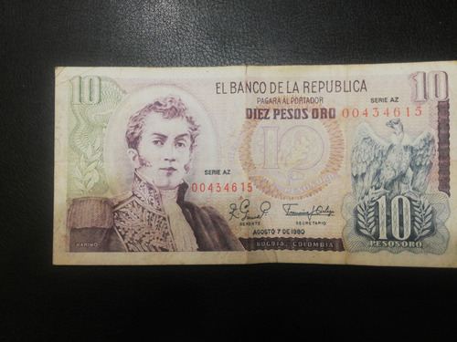 Vendo Billete Antiguo De $10 Pesos Oro Serie Az Del 1980