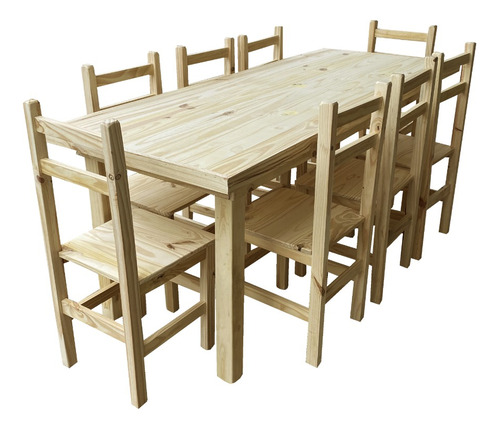 Combo Juego Comedor Mesa 200x80 + 8 Sillas Madera Pino 