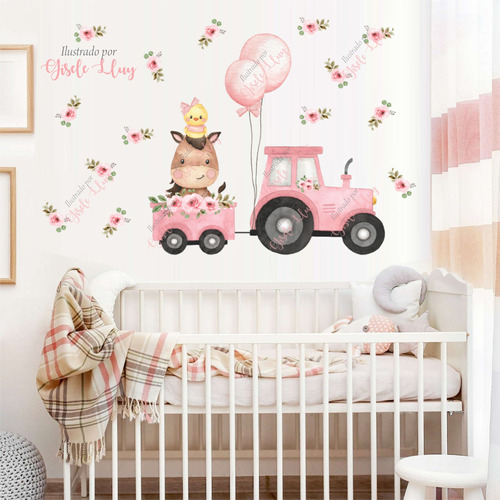 Vinilo Decorativo Infantil Tren De Granja Tractor Con Rosas