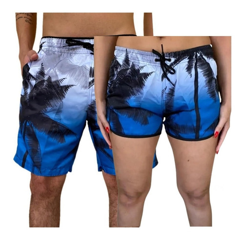 Kit De Shorts Casal De Praia  Bermuda  Tectel Com Elástico 