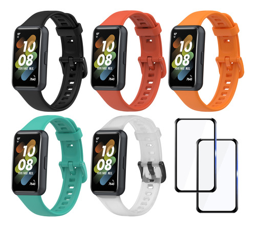 5 Correa Silicona Compatible Con Huawei Band 7 + 2 Micas 3d