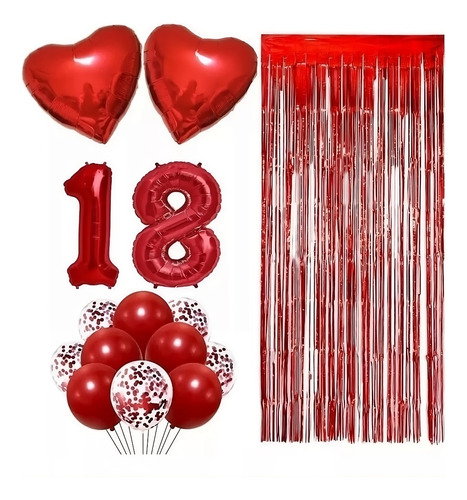 Combo Globos Rojo Metalizado Cortinas Números Corazones Deco