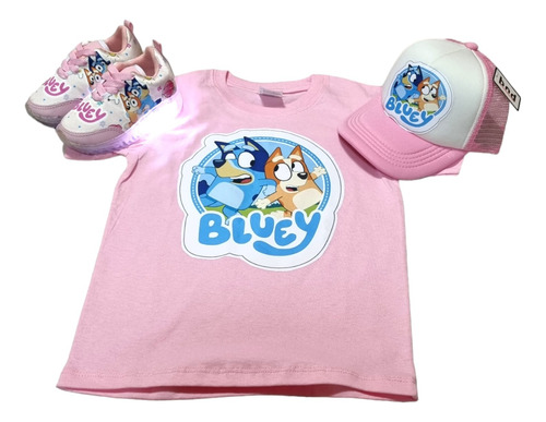 Tenis Luces Leds,gorra Y Playera Combo Bluey Y Bingo