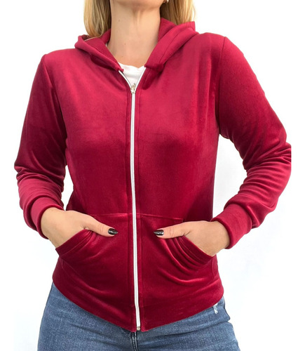 Campera Plush Mujer Capucha Bolsillo Talles