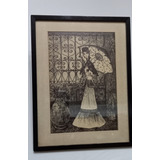 Cuadro Vintage Dibujo Tinta China Dama Con Paraguas