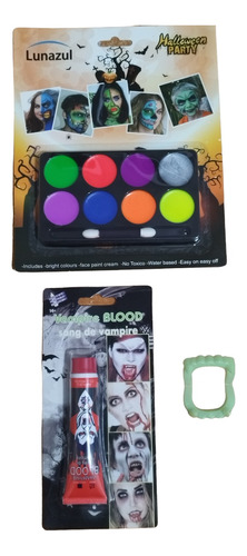 Pack Pintacaritas+sangre Falsa+colmillo Vampiro Halloween