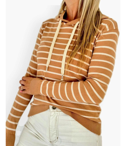 Sweater Tejido Rayado Con Capucha  Mujer