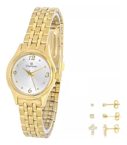 Relogio Pulso Feminino Prova Dagua Champion Dourado + Brinde