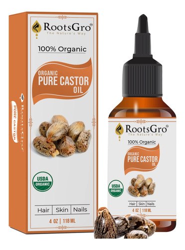 Rootsgro Aceite De Ricino Puro 100% Organico, Certificado Po