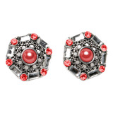 Aros Aretes Acero Perla Brillantes Rojo