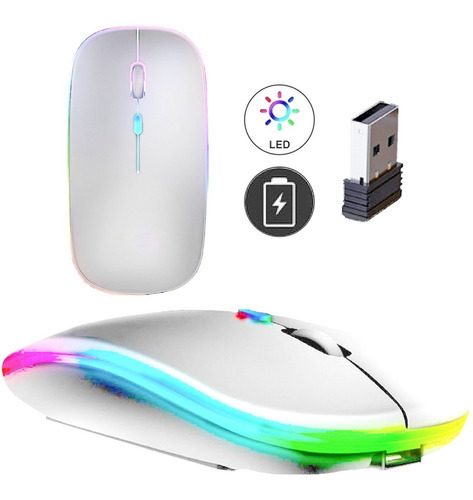 Mouse Sem Fio Recarregável Wireles Optico Led Rgb Ergonômico Cor Branco