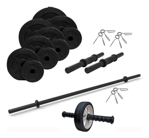 Kit Barra + Mancuernas + 24 Kg. En Discos Y Rueda Para Abdominales Sonnos