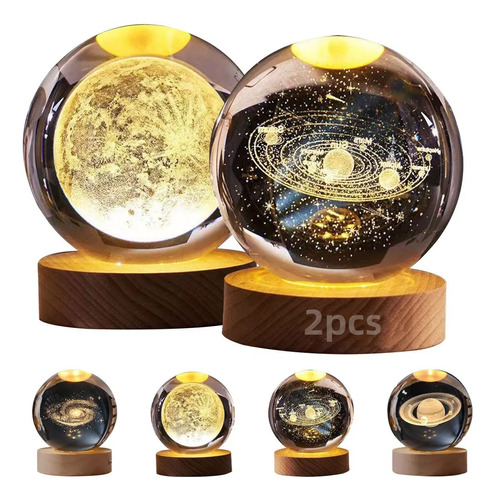 2pcs Led Luz De Noche 3d Luna Saturno Bola De Cristal