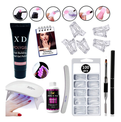 Kit Polygel Poligel X&d Xd Alongamento Molde F1 Pincel Duplo