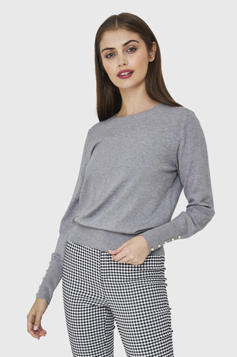 Sweater Punto Fino Detalles Perlas Gris Nicopoly