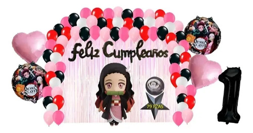 Kit Decoracion Cumpleaños Globos Nezuko Kamado Demon 80 Pzs