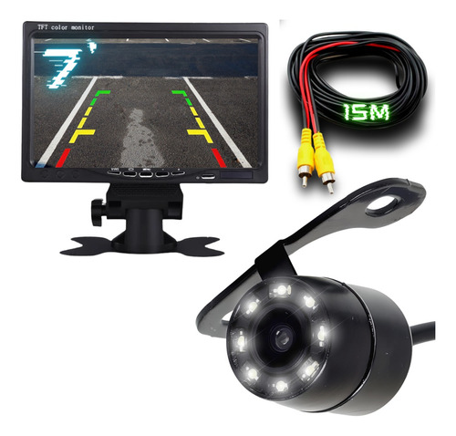 Tela Monitor 7' Kit 24v Caminhão Onibus Câmera 8 Led Cabo 15