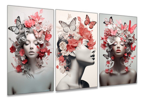 3 Quadros Decorativos Mulheres Flores Borboleta Rosa Sala Ys