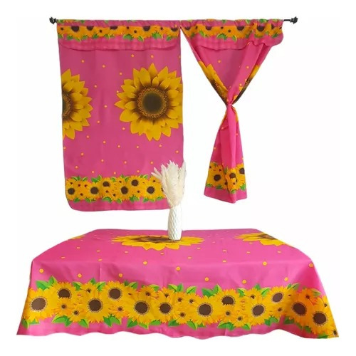 Mantel Rectangular Y Juego De Cortinas De Cocina Estampados Color Fiucsa Girasoles