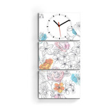 Reloj De Pared Cuadro Triptico Flores Pajaros Moderno Deco