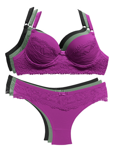 Kit 3 Conjuntos Lingerie Luxo Calcinha Sutiã Bojo Atacado