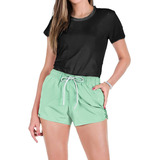 Conjunto Feminino Verão Camiseta Algodão E Short Tactel Liso