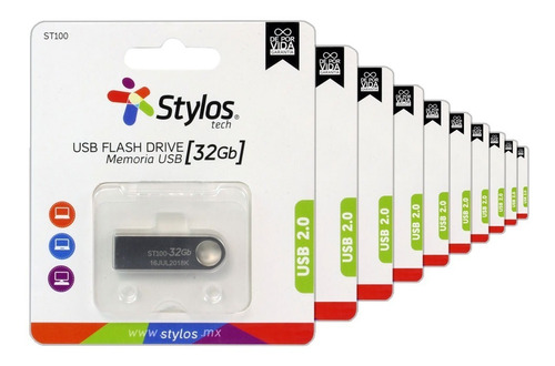 Kit De 10 Memorias Usb Stylos Tech St100 32gb 2.0 Plateado