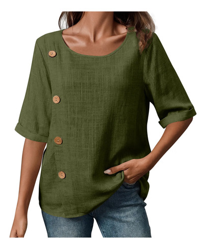 Blusa Mujer Verano Con Cuello Redondo, Botones, Manga Corta