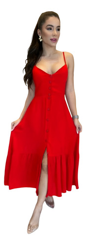 Vestido Longo Feminino Botão Na Frente Babado E Alça