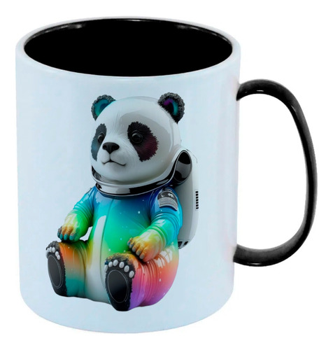 Caneca Polimero Preto Bco Panda Astronauta Colorido Tecnolog