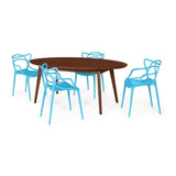 Mesa De Jantar Oval Vértice Nozes 190cm + 4 Cadeiras Allegra Cor Azul