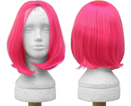 Peruca Rosa Neon Curta Long Bob Sem Franja E-girl Cosplay 