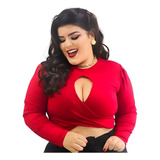 Blusinha Cropped Plus Size Manga Longa Com Decote Promoção