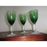 Três Taças - Em Vidro Translúcido E Verde C/  Fino Lapidado 