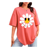 Camiseta Blogueira Estampada Desenho Flor Blusa Oversized