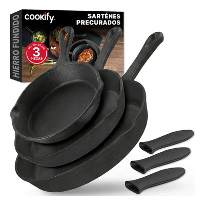 Set 3 Sartenes De Hierro Fundido Precurado Cookify 15.3\u002F20.4\u002F25.4 Cm | Ferro-lux Series | Skillet Duradero, Distribución Uniforme De Calor, Ideal Para Asador. Color Negro | Meses sin interés