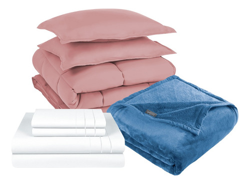 Pack Cobertor Rosa + Sabana + Frazada Azul 2 Plazas 3angeli Color Blanco Liso
