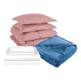 Pack Cobertor Rosa + Sabana + Frazada Azul 2 Plazas 3angeli Color Blanco Liso