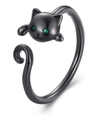 Anillo Gato Negro Ajustable Para Mujer Fabricado En Plata 