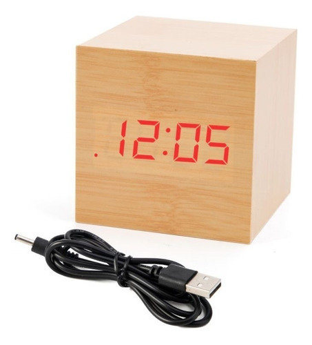 Reloj Digital Con Alarma Despertador Cubo Madera Luz Led B13