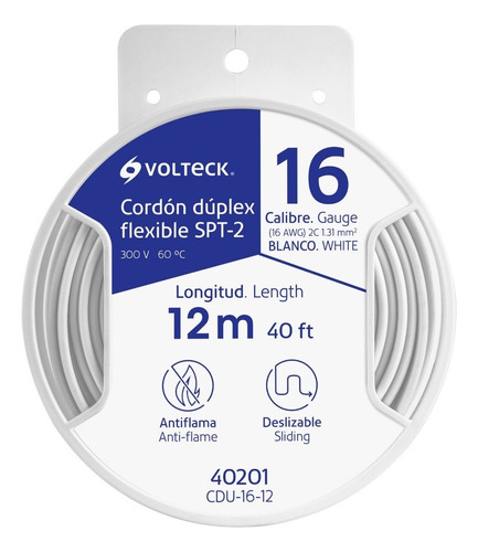 Carrete Con 12 M Cordón Dúplex Flexible Spt 16 Awg, Volteck Color De La Cubierta Blanco