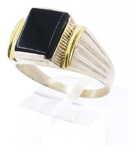 Anillo Sello Hombre Plata 925 Y Oro Con Piedra Cubic Negra